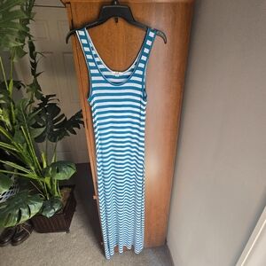 Papaya Teal Blue and White Striped Maxi Dress.